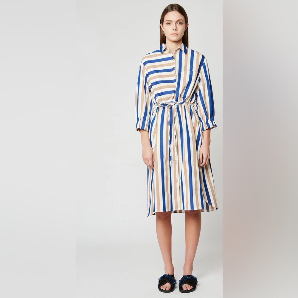 Paul & Joe Sister Striped Blue and Tan Shirt Dress, Size 36